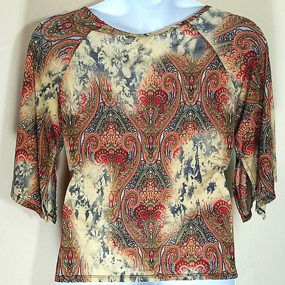 Top short sleeves stretchy paisley scroll print pullover brown cream red - Picture 5 of 7